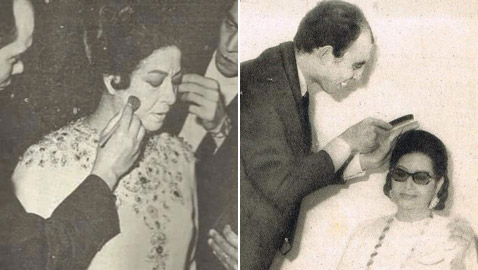صور نادرة: أم كلثوم تخضع لأنامل مصفف الشعر وخبير المكياج قبل صعودها للمسرح